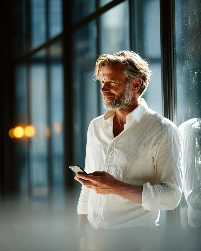 An advisor at a window, replying from his phone between meetings
