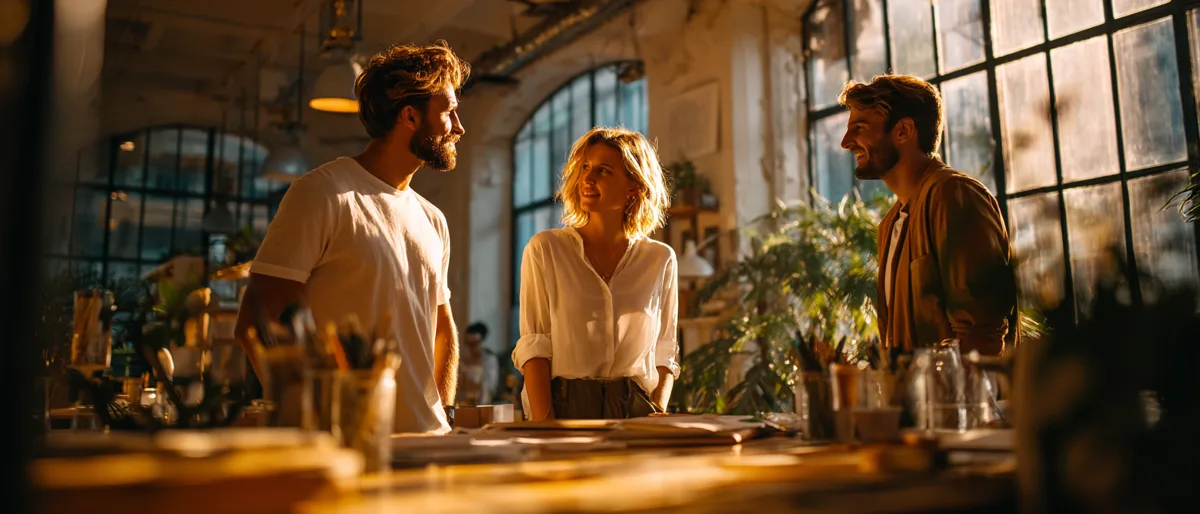 Three founders mid-conversation in a bright studio office, agreeing on what to do next