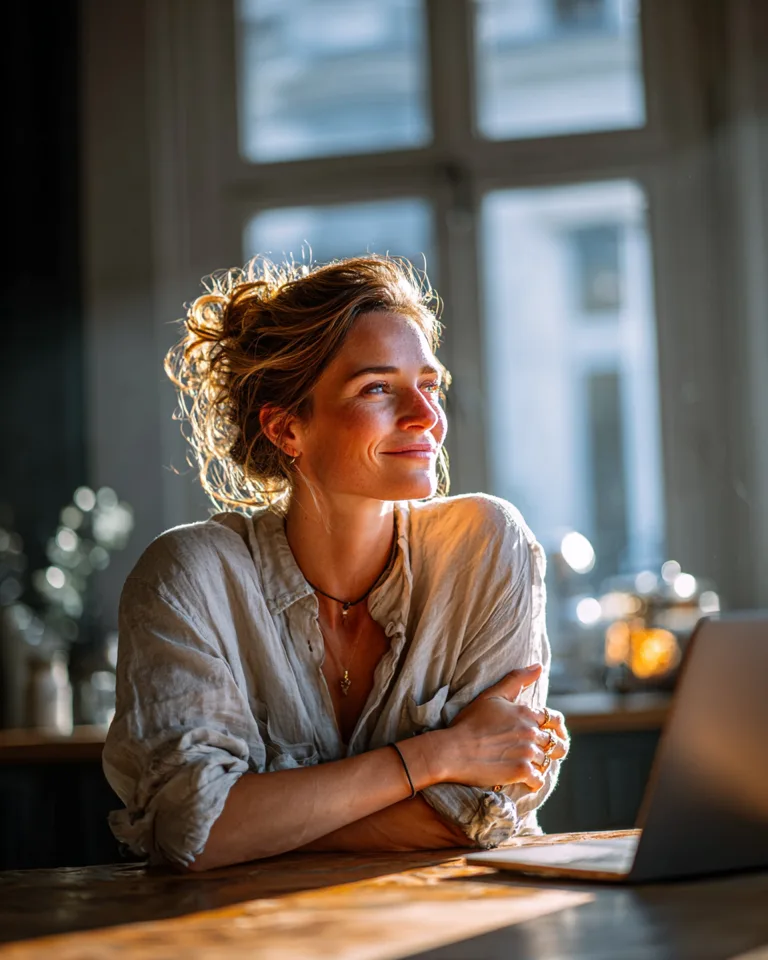 A founder at a sunlit table, sitting back from her laptop with the answer she needed
